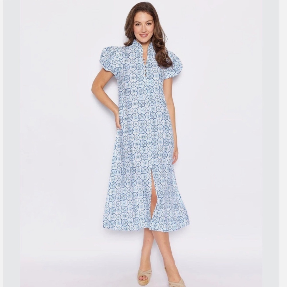 Sail to Sable STS Blue Medallion Linen Blend Puff Sleeve Midi Dress Size XS
